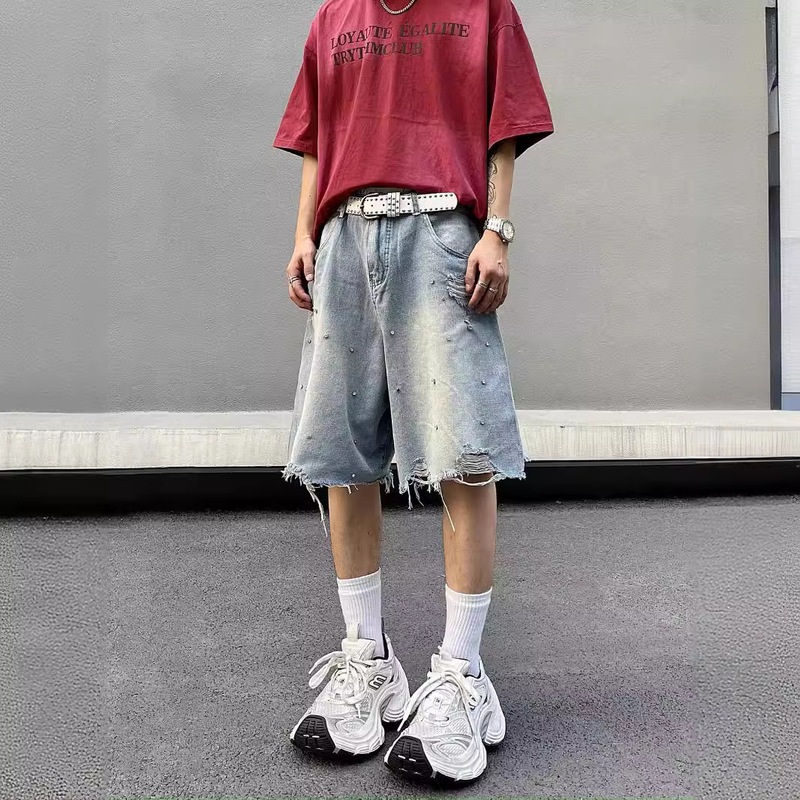American High Street Hot Diamond Ripped Raw Edge Denim Shorts for Men and Women Summer Loose Casual Versatile Five-Quarter Pants Mid-Pants