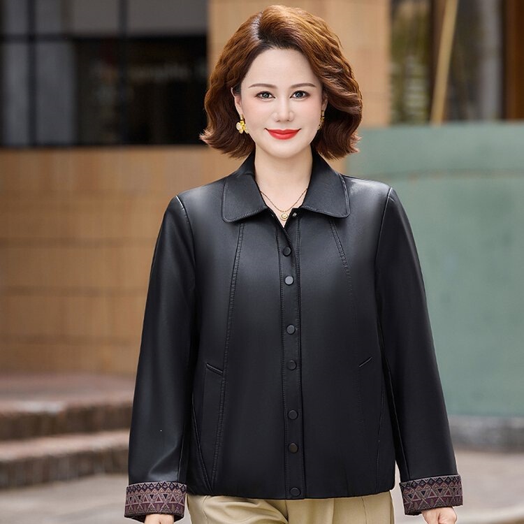 Spring and Autumn Middle-aged Women's PU Leather Coat Loose Lapel Single-breasted Mom's Wear Wholesale Supplier Spring and Autumn Middle-aged Women's PU Leather Coat Loose Lapel Single-breasted Mom's Wear Wholesale Supplier