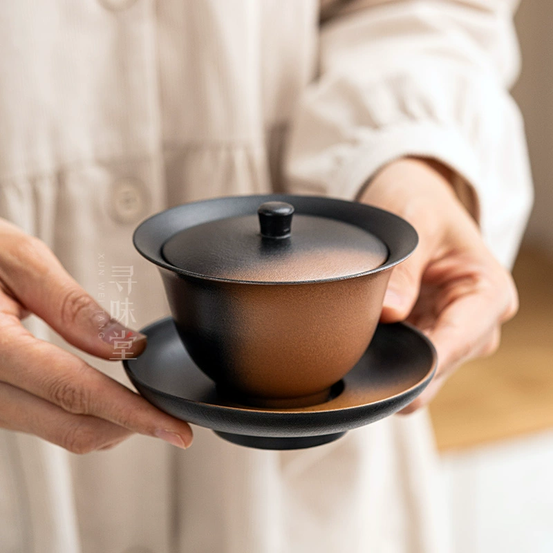 Чаша с крышкой Fuyu Mantang Sancai | Элегантная керамическая чаша в стиле ретро, ​​китайская черная керамическая чашка для чая, керамическая посуда, бытовой чайный сервиз Kung Fu