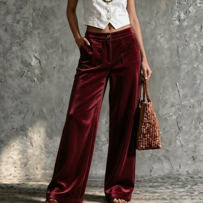 2026 cross-border Amazon Wish independent station women's clothing: velvet loose-fit solid-color high-waisted straight-leg casual pants with pockets 2026 cross-border Amazon Wish independent station women's clothing: velvet loose-fit solid-color high-waisted straight-leg casual pants with pockets
