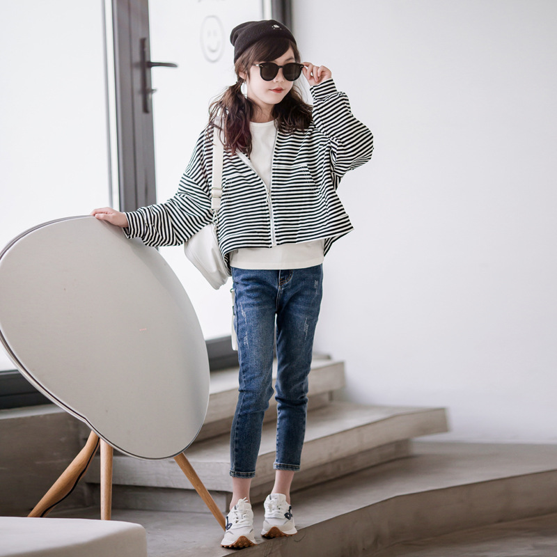 Ropa de los niños del estilo coreano 2023 otoño nuevas niñas casual deportes con capucha suéter rayas cremallera cardigan Coat