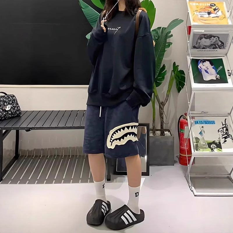 Navy Blue Shark Mouth Patch Shorts Men's Summer American Fashion Brand Outer Wear Five-Point Pants Casual Sports Beach Pants