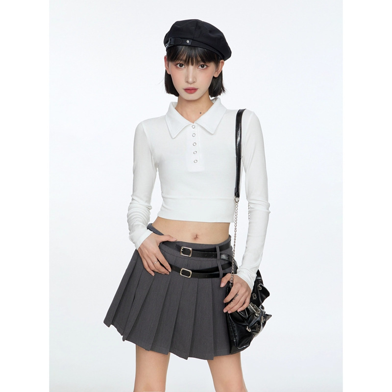 [40 Cotton Rib] Shoulder Long Sleeve Polo Collar T-Shirt Women's Autumn Autumn Autumn Winter Short Top Long Sleeve Short