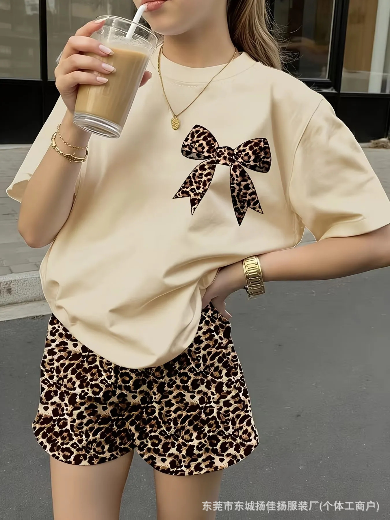Cotton fashionable short sleeve T-shirt with bow