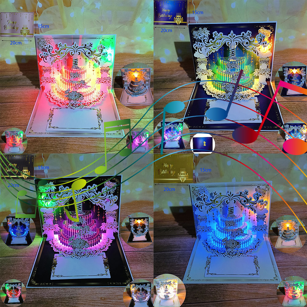 创意吹蜡烛暖光3D立体发光生日蛋糕贺卡LED彩色渐变音乐贺卡彩灯