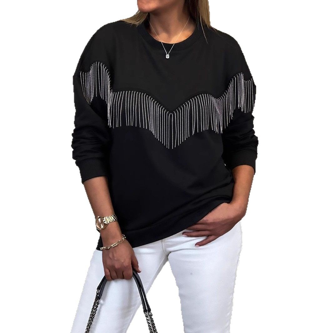 Women's Elegant Basic Long Sleeve Tops With Fringe Detail, Round Neck Pullover For Casual Daily Wear_ecoleips.com