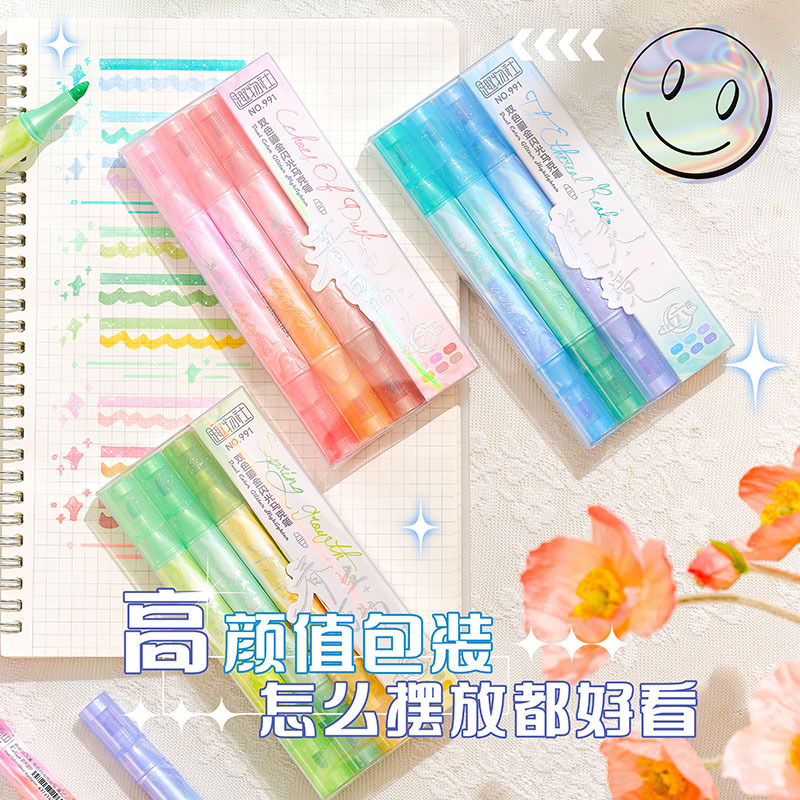 Suministros creativos para estudiantes, resaltador con brillo, color claro, resaltador de doble cabeza, bolígrafo clave, marcador al por mayor