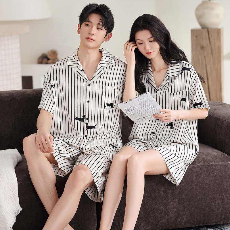 [Ice Silk] Couple's Pajamas for Women, Summer Short-Sleeve Shorts, Turn-Down Collar Cardigan, Homewear for Men, Fashionable Thin Style, Can Be Worn Outside