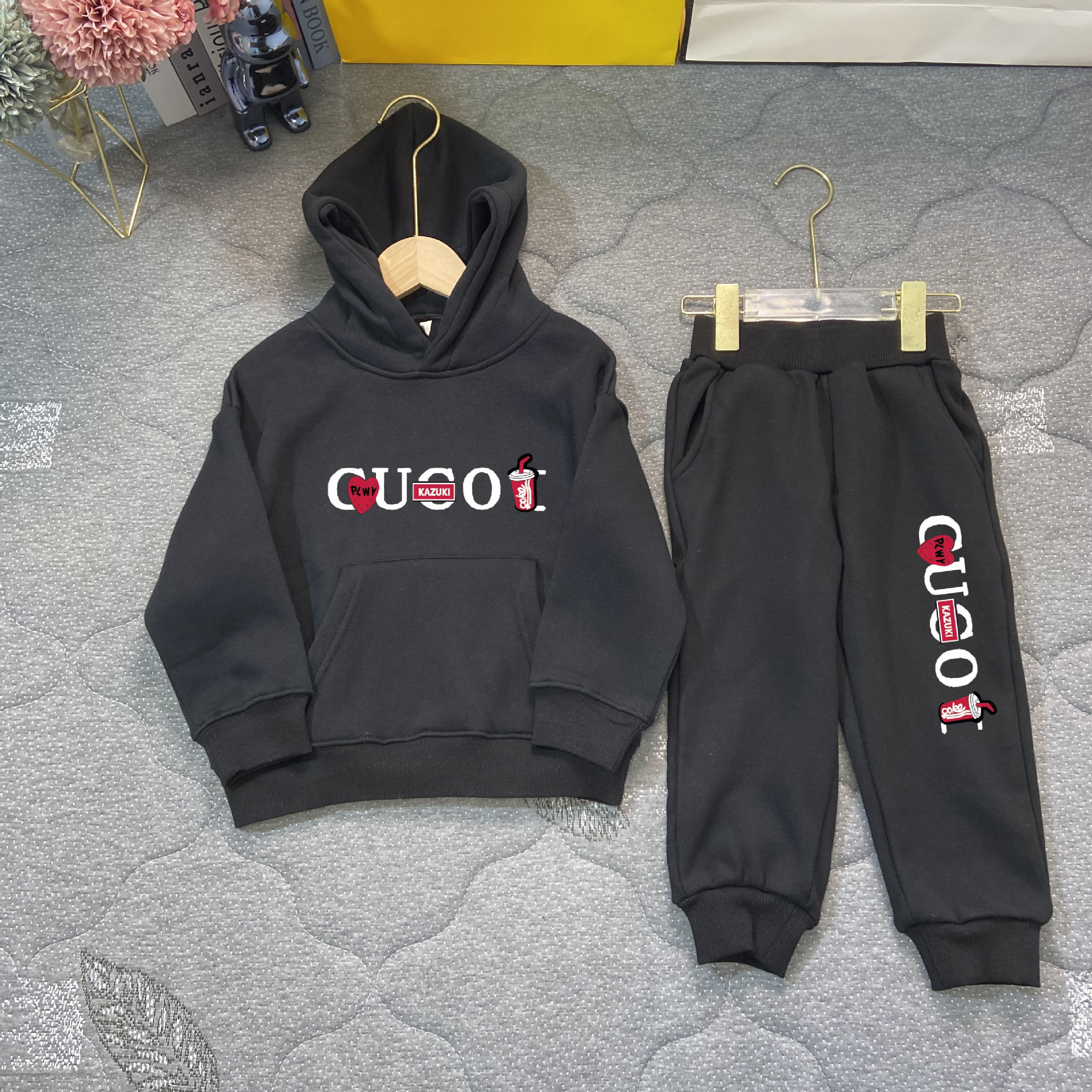 2023 Winter New Casual Hooded Sweater Boys Girls, Two Piece Upholstered and Warm Set for Children_voghion.com