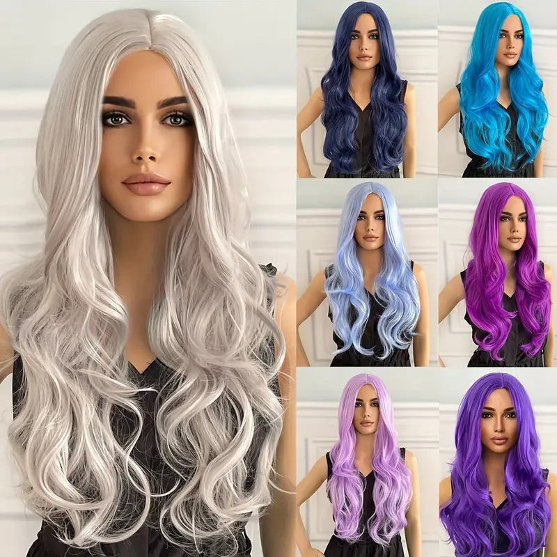 Anime Colorful Long Curly Hair Wig European American Style Center Parted Big Wavy Synthetic Clip-in For Cosplay Daily Use_voghion.com