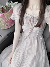 茶歇法式粉色方领雪纺小飞袖连衣裙女夏季收腰a字裙子中长款长裙