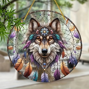 Grey Wolf Dreamcatcher Light Trap -8 "x 8" Acrylic Stained Glass Window Hanging, Suitable for Indoor and Outdoor