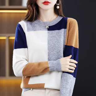 Women's Crewneck Knitted Sweater 2024 Autumn and Winter New Stitching Sweater with Pure Wool Base Shirt Retro Geometry