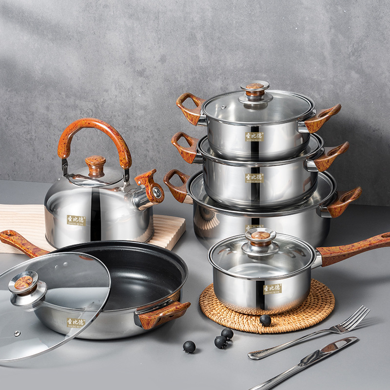 Cross-border e-commerce products stainless steel cookware 12-piece set wood grain handle detachable kitchen cooking cookware with kettle