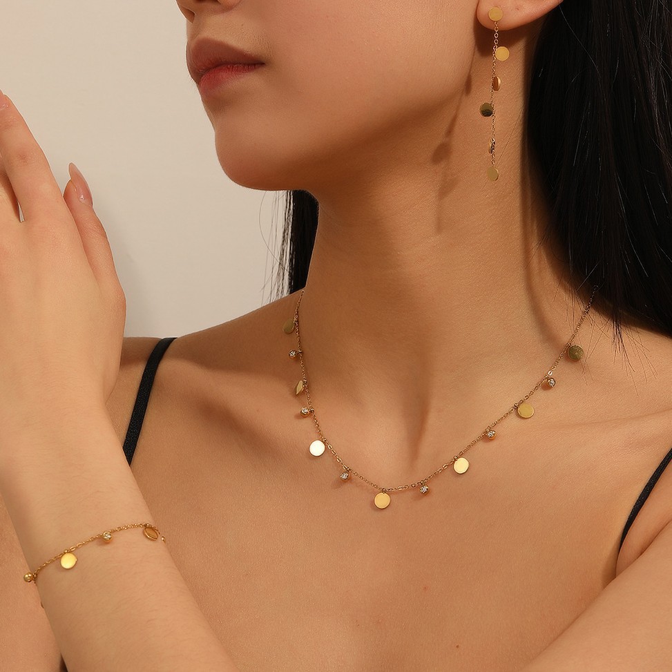 跨境不鏽鋼潮流輕奢圓片夾鑽飾品 時尚圓片18k不掉色小眾鈦鋼套裝
