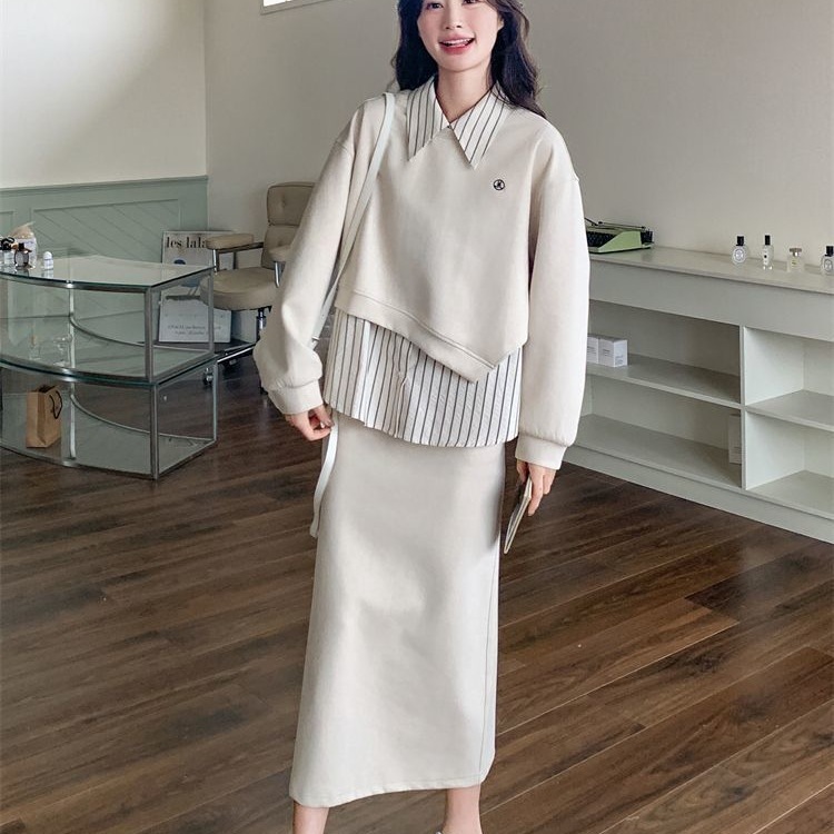 胖MM大码300斤学院风假两件卫衣衬衫套装女秋季宽松半身裙两件套|undefined