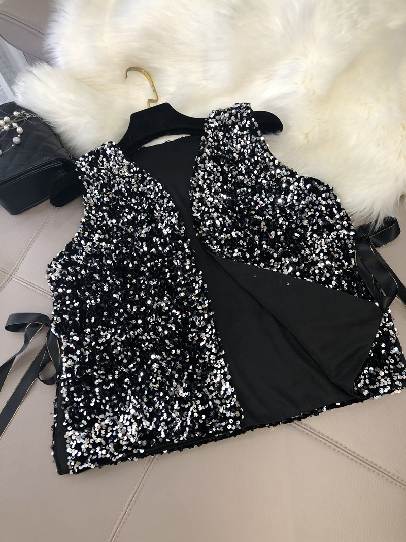 Otoño e Invierno nuevo bingbing brillante lentejuelas chaleco suelto encaje-up corto versátil camisa cardigan top