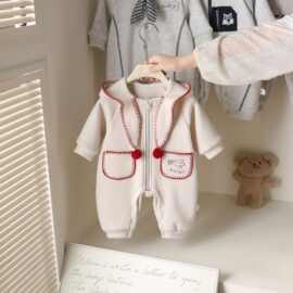秋季新款儿童休闲连体爬服新生儿宝宝印花抱服婴幼童外出连帽哈衣