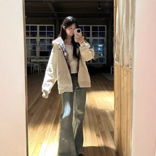 2025新款美式简约格子拼接设计连帽卫衣初秋韩版加绒加厚开衫外套