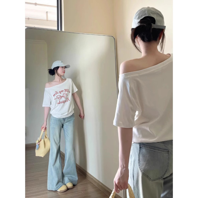Sweet Girl Off-Shoulder One-Line Collar Loose T-Shirt Women's Summer Pure Desire Chic Bow Print Slimming Look Short-Sleeved Top Sweet Girl Off-Shoulder One-Line Collar Loose T-Shirt Women's Summer Pure Desire Chic Bow Print Slimming Look Short-Sleeved Top