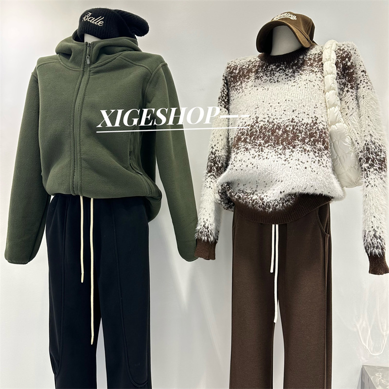 Polar fleece stand collar hooded sweater coat women's double-sided fleece loose casual warm zipper cardigan autumn and winter couple