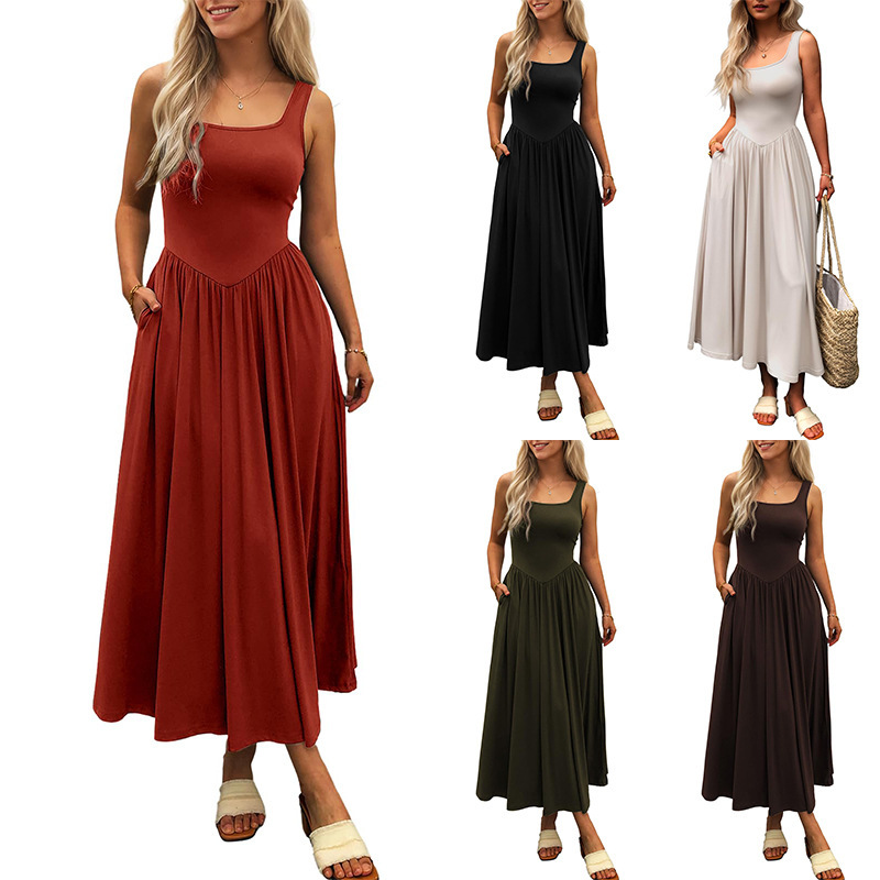 Temperament fashion vest square collar waist pleated European and American dress women's cross-border Amazon 2025 summer