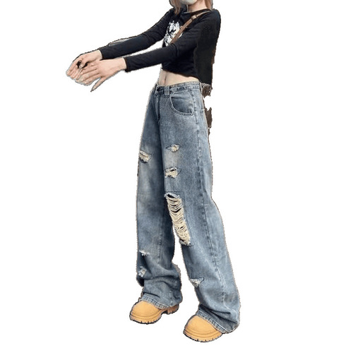 Women's Summer High-Waist Slim-Fit Straight Leg Wide Leg Jeans with Rips