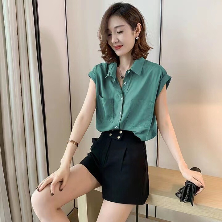 Solid Color Versatile Simple Sleeveless Spring and Summer New Shirt Women's Tops Shirt Cardigan Thin Slimming Large Size Inner Wear