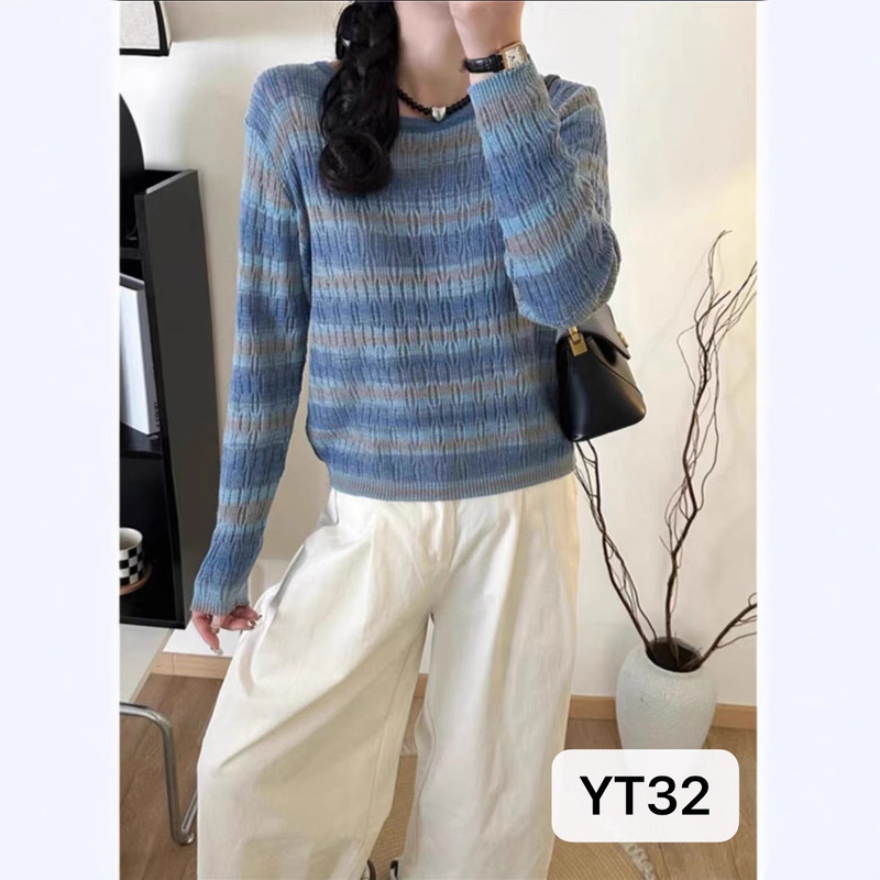 Autumn Women's Round Neck Striped Short Sweater, New Style, High-End Autumn and Winter Knitted Wool Base Shirt Top