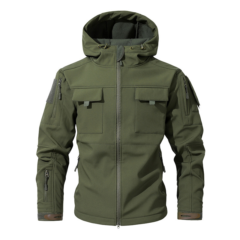 Cross-Border European Size Fleece-Lined Jacket for Men, Autumn and Winter Thickened Warm Outdoor Camouflage Waterproof Hooded Mountaineering Jacket