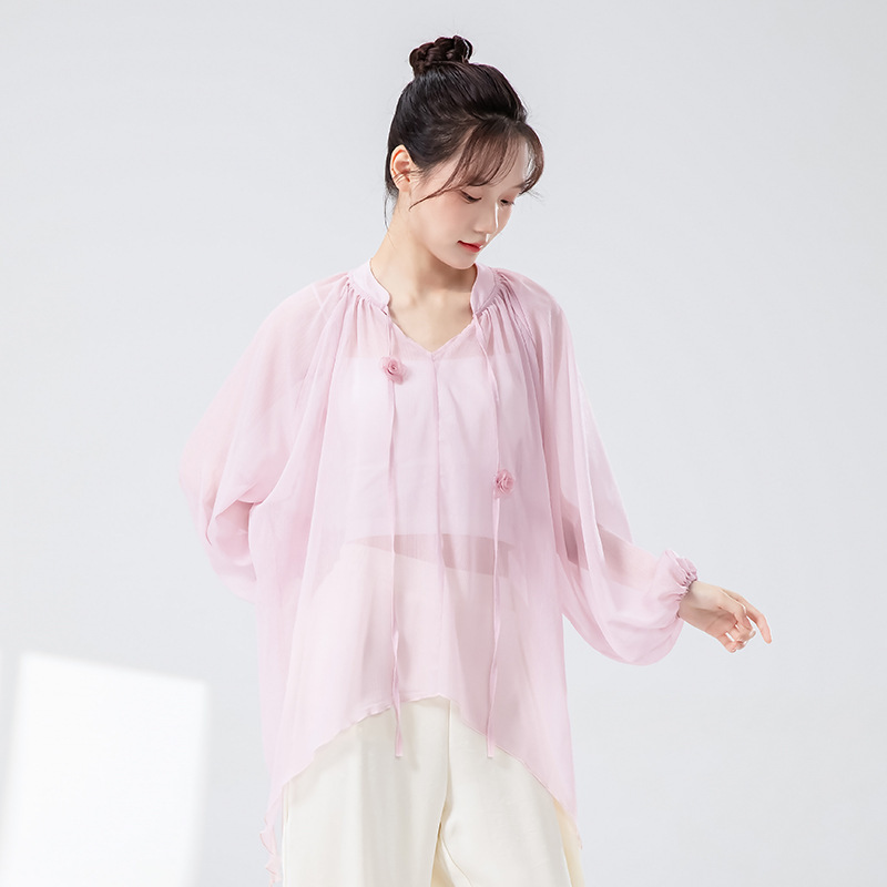 女性用クラシックダンス服、春夏新作、エレガントなガーゼ服、中国舞踊練習服、モダンダンスゆったりトレーニング服|undefined