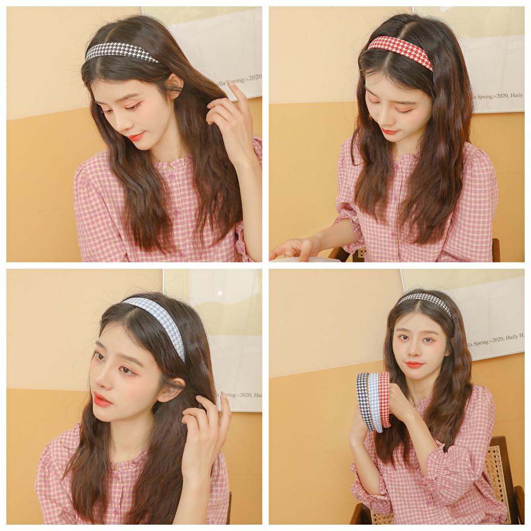 韩国新款千鸟格发箍外出简约头箍女束发带发捆|ru