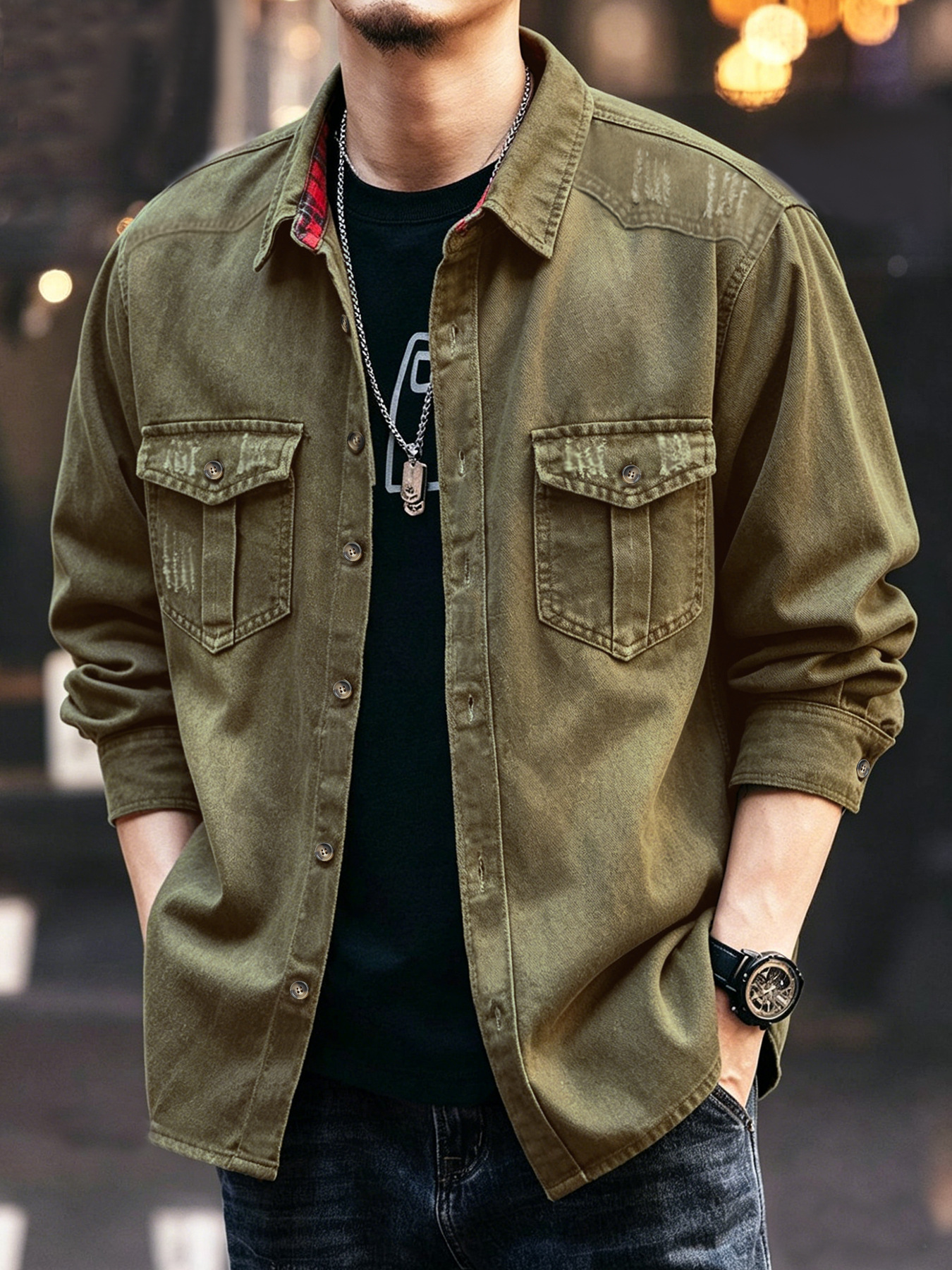 Men's Vintage Loose Fit Work Shirt, Spring Casual Plaid Long Sleeve Shirt For Big & Tall, Military Green_viptrois.com