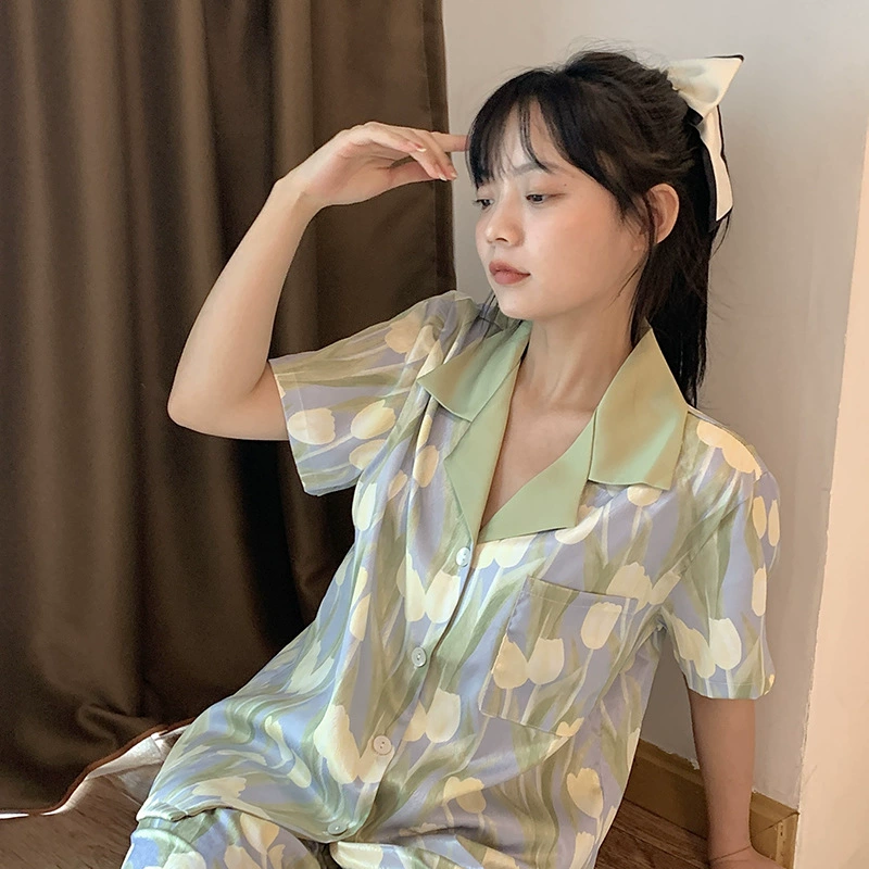 Пижама со льдом женский летний набор брюк с короткими рукавами 2024 новый тюльпан шелк премиум-класса домашняя одежда