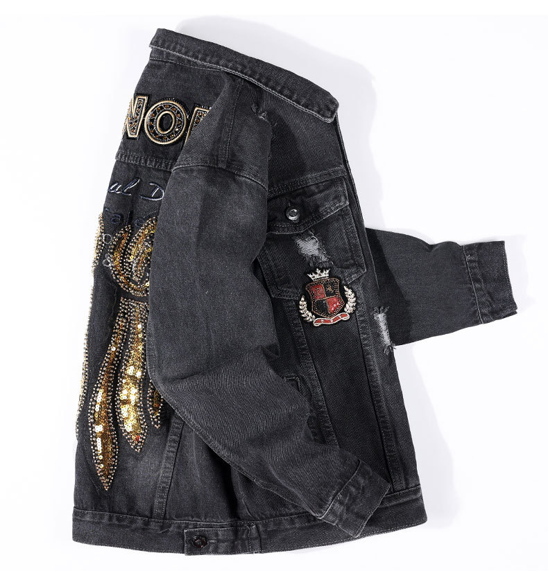 Schwarze Herren Jeansjacke Mit Bestickung Und Biker Design_voghion.com
