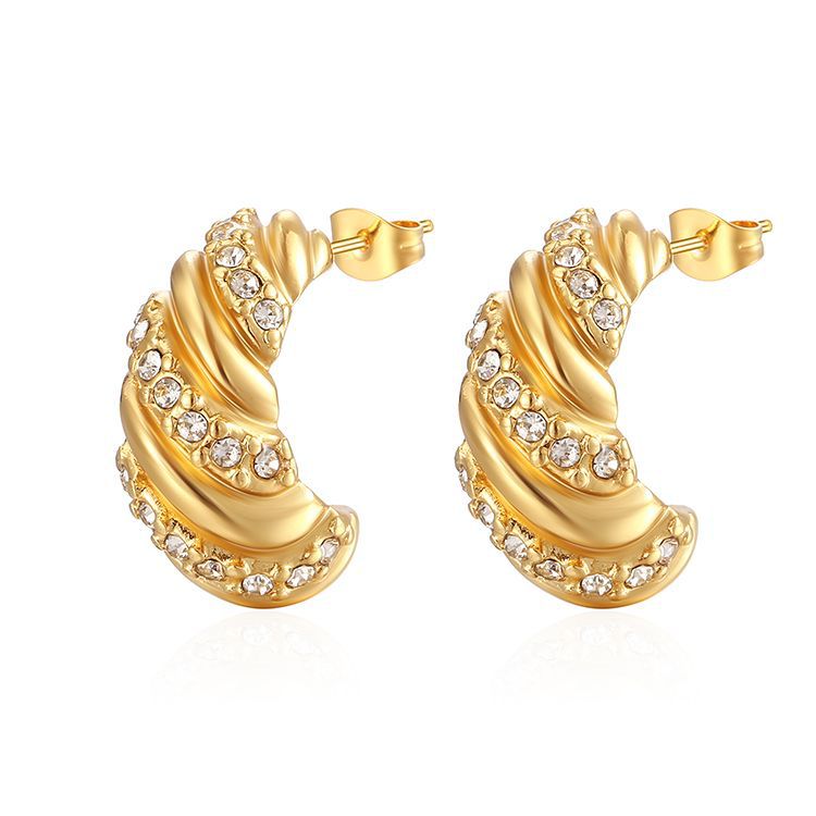 Estilo francés europeo y americano bolsa de cuerno espárragos pendientes especiales transfronterizos Luz de lujo de alto temperamento pendientes de las mujeres de acero inoxidable diamante