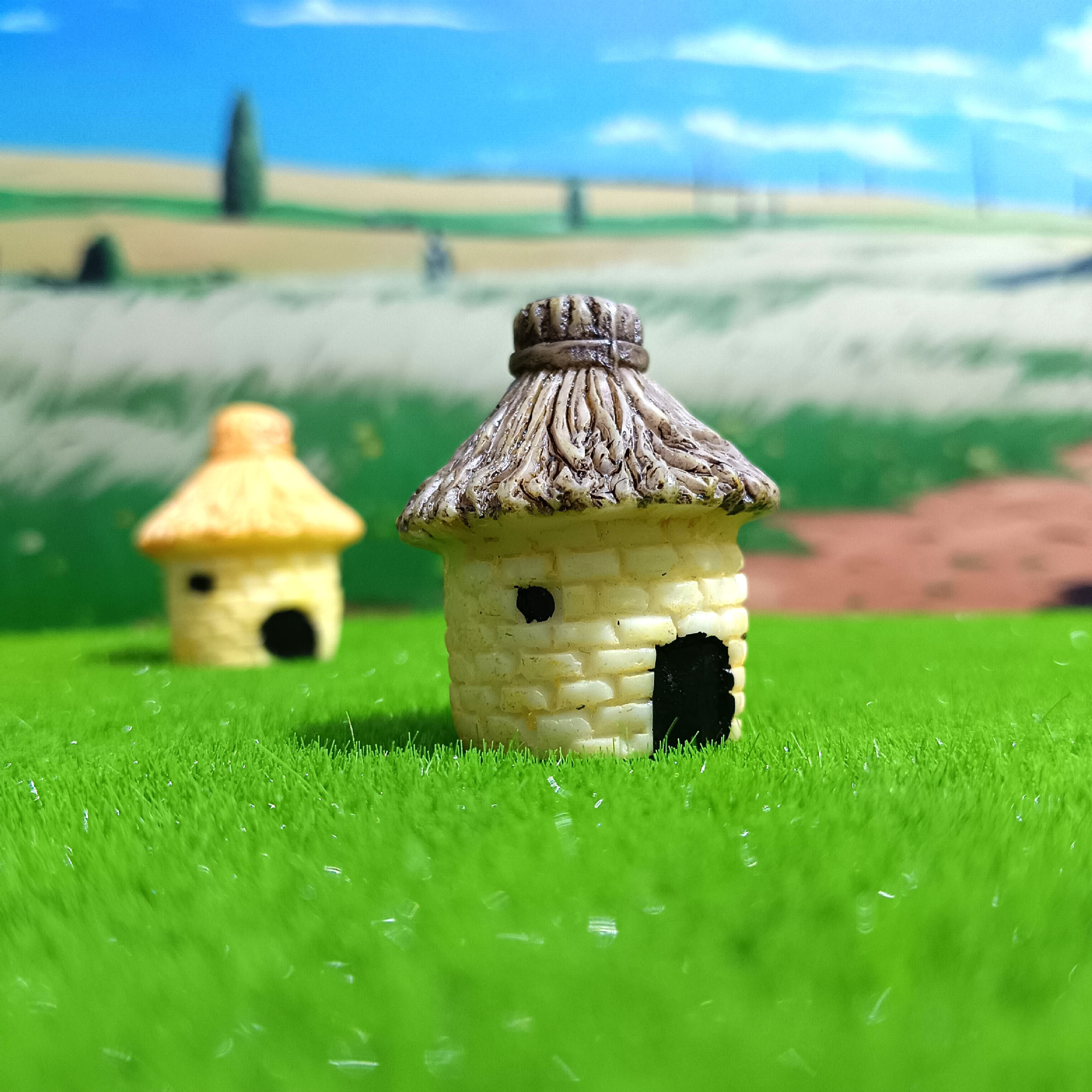 Decoración de paisajismo de pecera linda casa redonda casa con techo de paja micro paisaje ensamblaje de bricolaje granero pequeño adorno