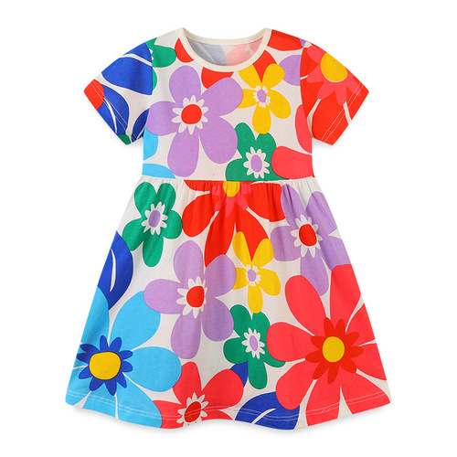 European and American Fashion Girls' Summer New Arrival Knitted Cotton Cartoon Print Princess Dress Hooded Round Neck Children's Skirt
