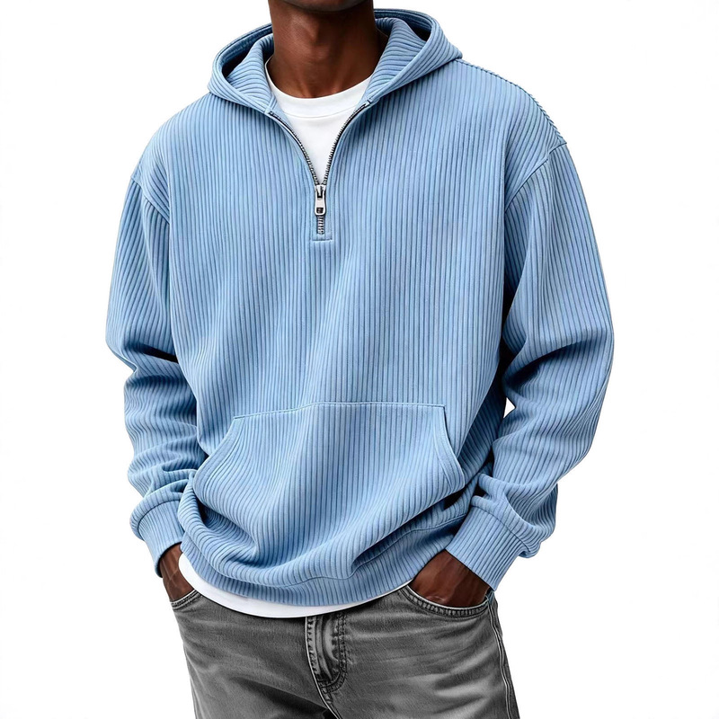 Cross-Border Amazon New Autumn and Winter Striped Hooded Sweatshirt Casual Long-Sleeved Half-Zip Men's Hoodie Wholesale
