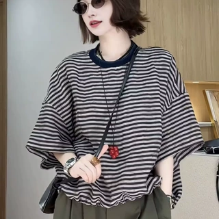 条纹撞色拼接下摆抽绳T恤女2026夏季新款大码胖MM设计感洋气上衣