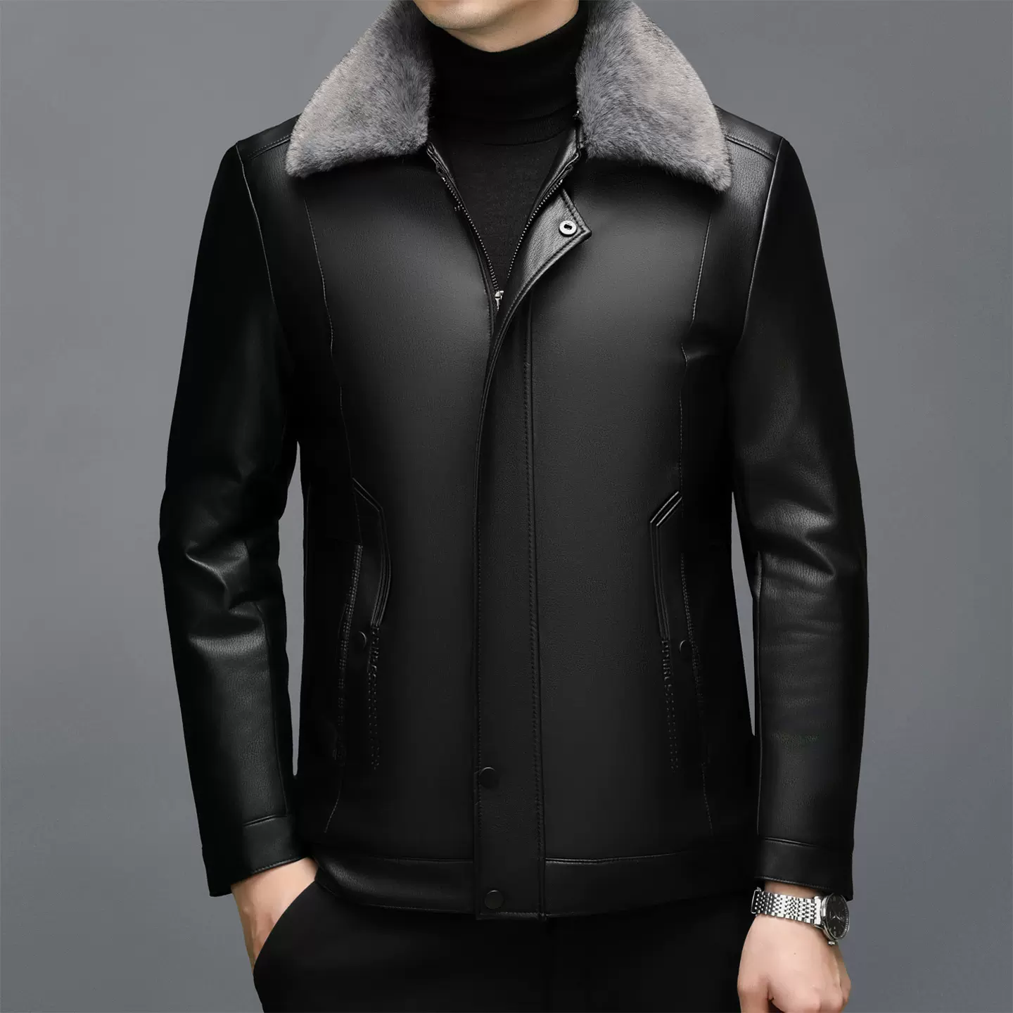 真皮皮毛一体男中年男士加厚保暖拆卸帽羊皮皮衣男式皮夹克外套冬