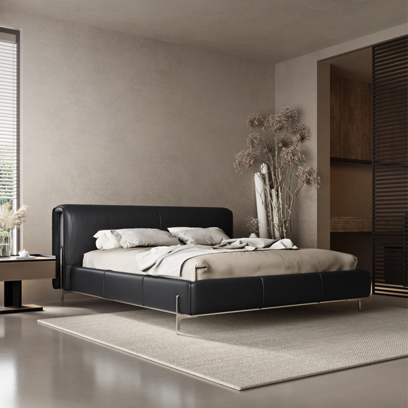 Diseñador minimalista italiano gran cama de cuero negro de vaca 1.8m simple y moderna pequeña cama doble dormitorio principal