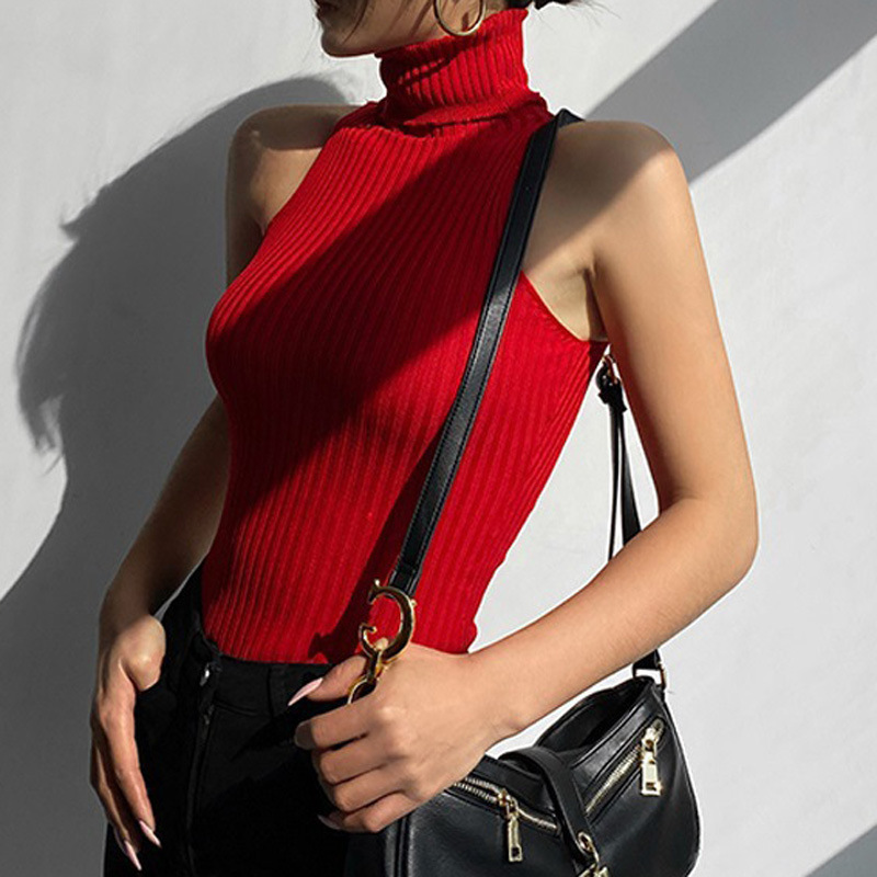 2026 Summer New Style Hong Kong-Style Red Turtleneck Knit Sweater for Girls, Sexy Hot Girl Inner Wear Tight-Fitting Top