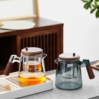 家用茶具飘逸泡茶壶客厅透明玻璃内胆胡桃木茶水分离过滤花茶壶