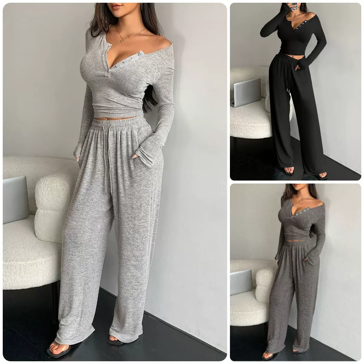 2025欧美跨境秋季新款套装长袖连扣式纯色紧身上衣加长裤两件套女