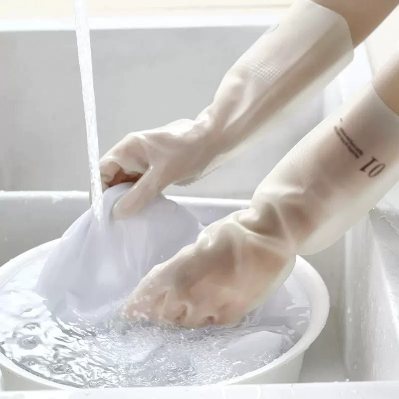 耐用丁腈洗碗手套加长带图案女防水加厚橡胶加绒植绒耐用洗衣服