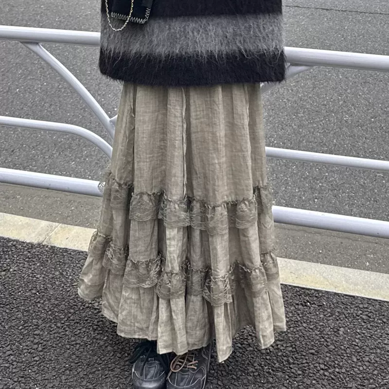 现货X家 不一样的炒色蕾丝拼接半裙别致设计长裙复古半身裙长裙