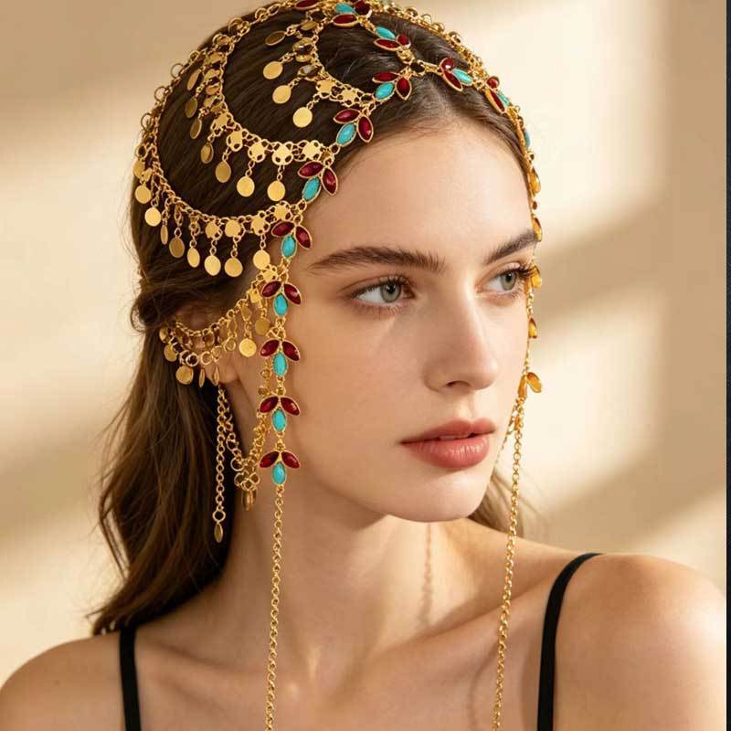 Hot-Selling European and American Style Multi-Layered Disc Tassel Hair Chain, Popular Coin Headpiece in the Middle East and Arab World, Bohemian Head Chain