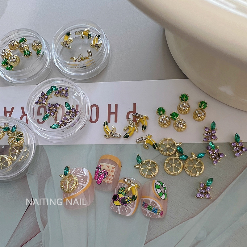 Fruit Series Cute Pineapple Micro-Paved Zircon Lemon Slice Alloy Grape Banana Stereo Super Flash Nail Decoration