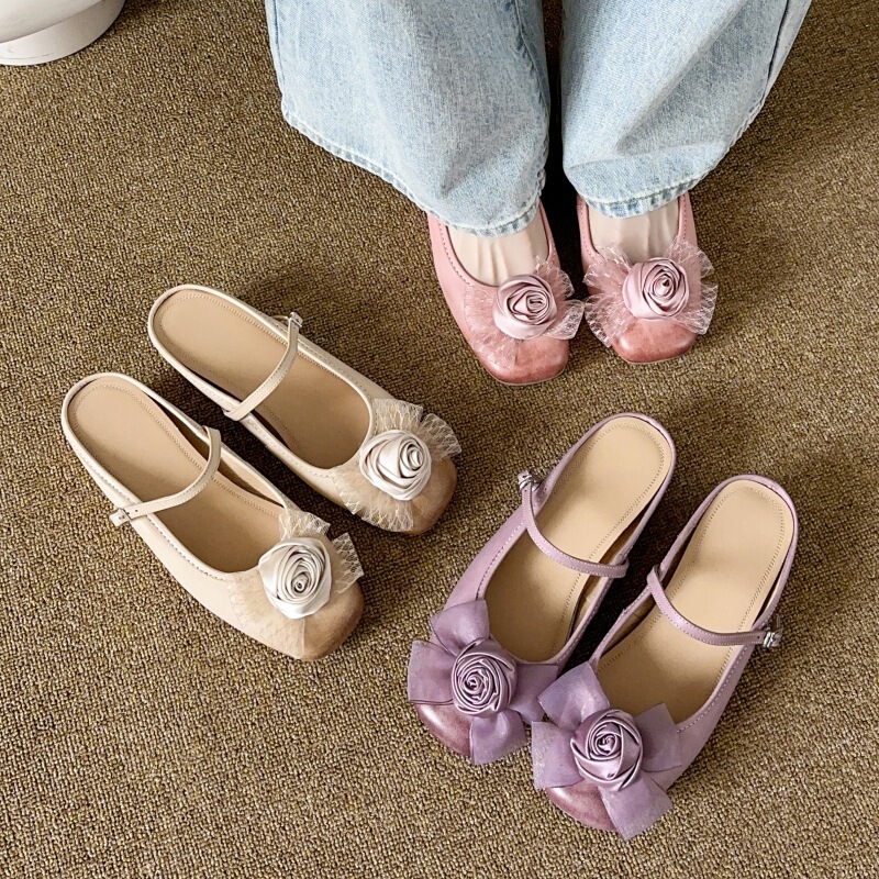 Flower Mary Jane Shoes for Women Summer New Style Genuine Leather Inner Women's Shoes Toe-Cap Half Slippers Ballet Shoes